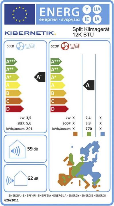 Energie-Label Kibernetik FSP Klimagerät (60 m², 11942.50 BTU/h)
