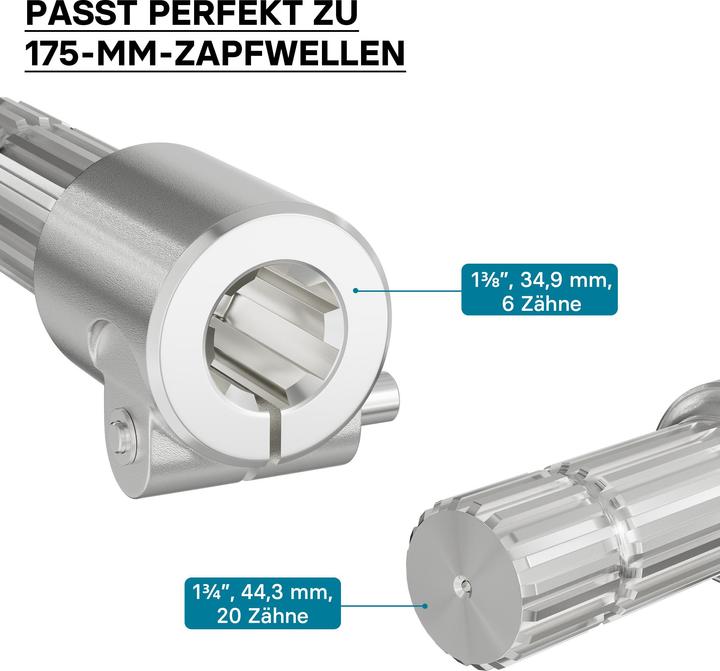 Image du produit Wiltec Manchon Prise de force Cardan 175mm Logement pour arbre cannelé 1 3/8" 6D Sortie 1 3/4" 20 (Accessoires pour tracteurs)