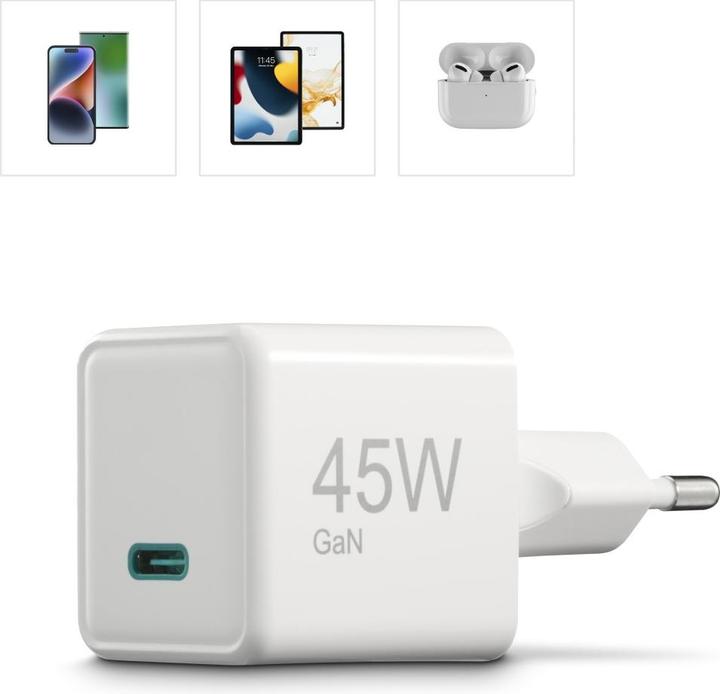 Actual product image Hama Fast charger, USB-C, PD/QC/GaN, super mini charger, 45 W, white (45 W)