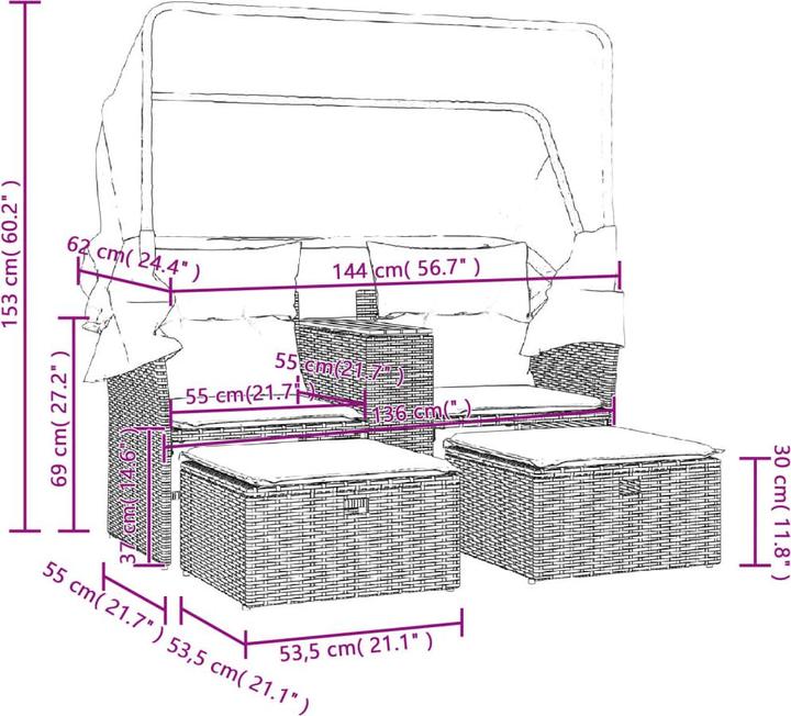 Produktbild VidaXL Gartensofa 2-Sitzer mit Dach und Hockern
