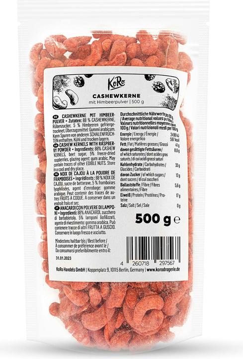 Nutritional values and ingredients KoRo Cashew nuts with raspberry powder (500 g)