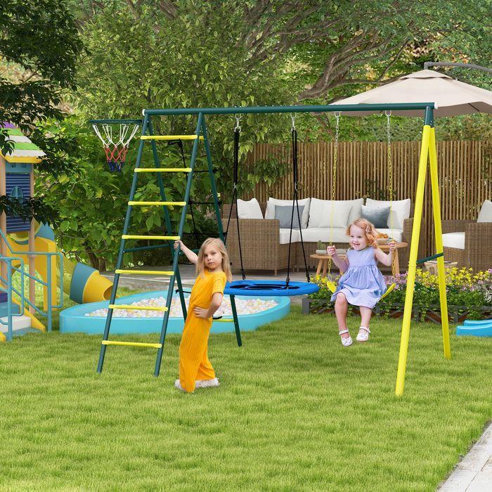 Immagine prodotto Swisshandel24 Altalena per bambini 4in1 con 2 altalene, canestro da basket, scaletta per arrampicarsi, acciaio