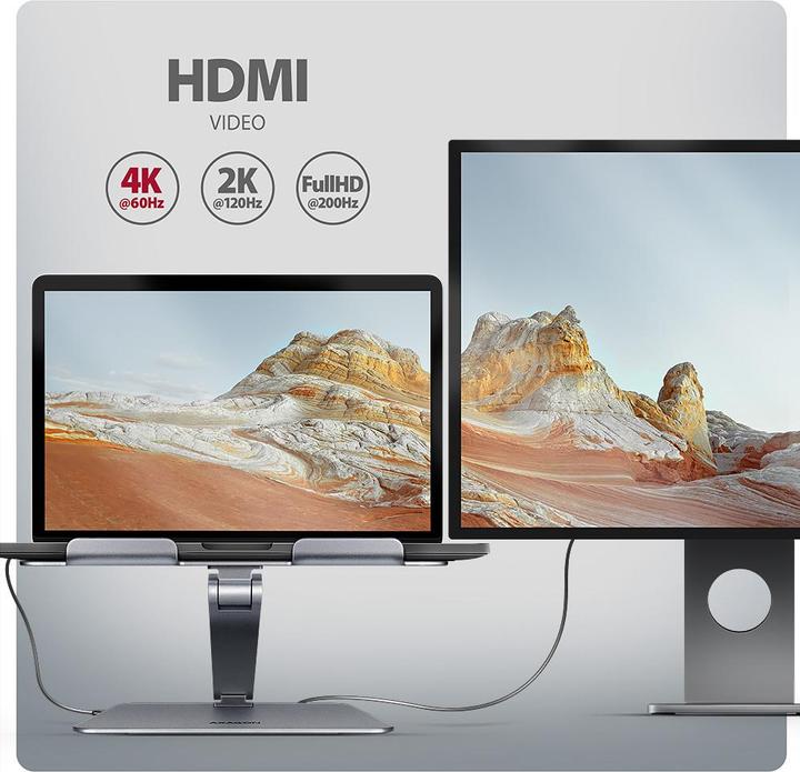 Actual product image Axagon HMC-STND stand for laptops and tablets, USB-C hub - silver (USB-C, 7 Ports)