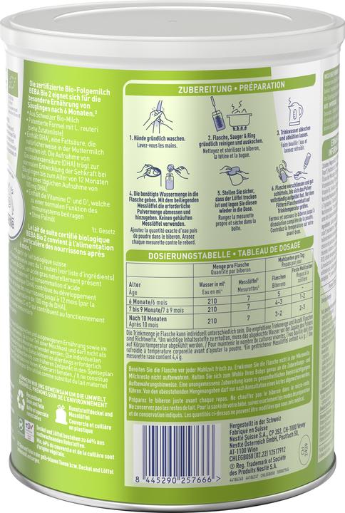 Valeurs nutritives et ingrédients Beba Bio 2 (800 g, à partir de 7 m.)
