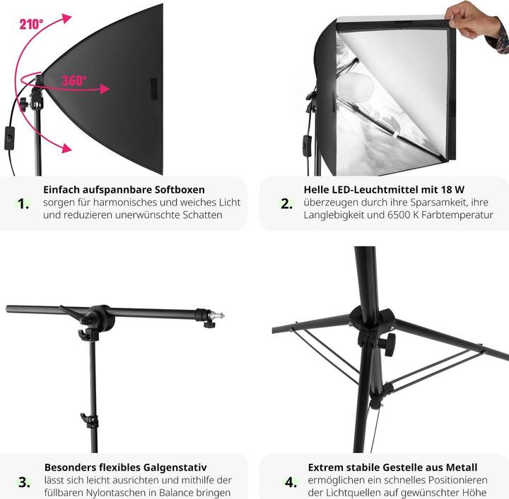 Produktbild tectake 3 Studioleuchten mit Softbox, Stativ und Tasche (Studioleuchte)