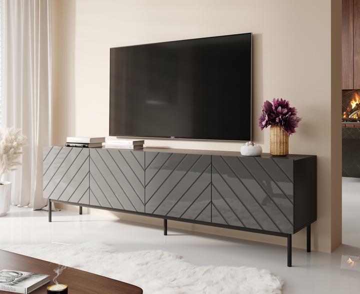 Actual product image Cama ABETO RTV cabinet on black steel frame 200x42x60 graphite/glossy graphite (200 x 42 x 60 cm)