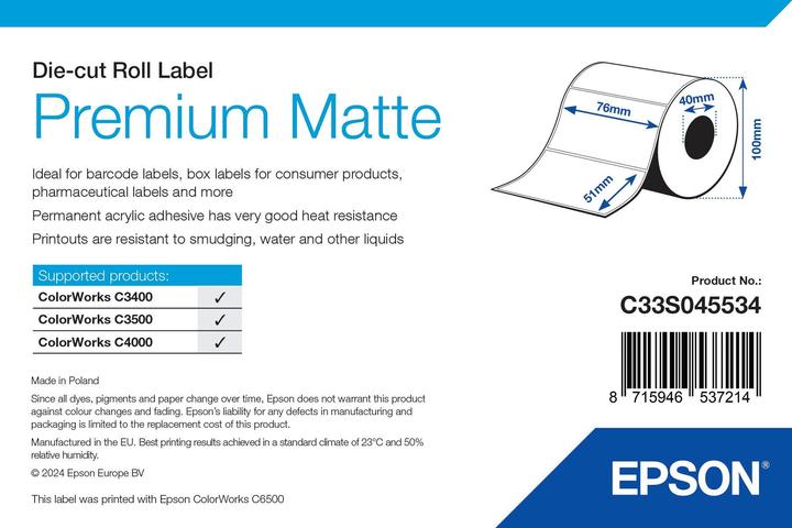 Produktbild Epson C33S045532 Format-Etiketten matt die-cut 76mm x 51mm 650 VE=1 TM-C 3400 3500
