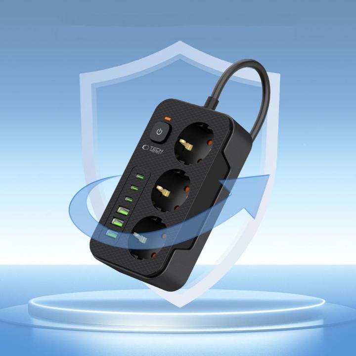Actual product image Tech-Protect PC3X6 Power Strip 3 Sockets 240V + 3xUSB-A + 3xUSB-C 200cm - Black (3 x, USB-C, USB-A, 2 m)