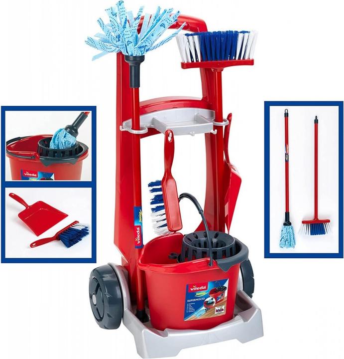 Actual product image Theo Klein 6720 Carrello per le pulizie Vileda con aspirapolvere verticale I Include vari accessori tra cui moc