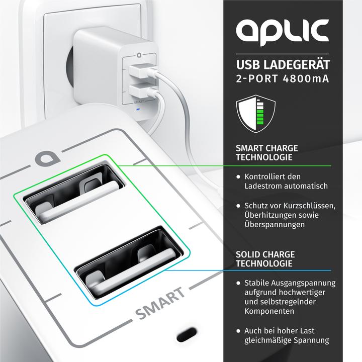 Produktbild Aplic USB Ladegerät 4800 mA, 2 Port Netzteil für Handy/Smartphone/Tablet, 4800mA - 2400mA je Port, weiss (28 W)