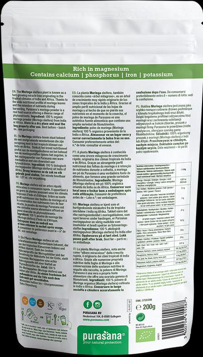 Valeurs nutritives et ingrédients Purasana Poudre de moringa (1 pièce(s), Poudre, 200 g)