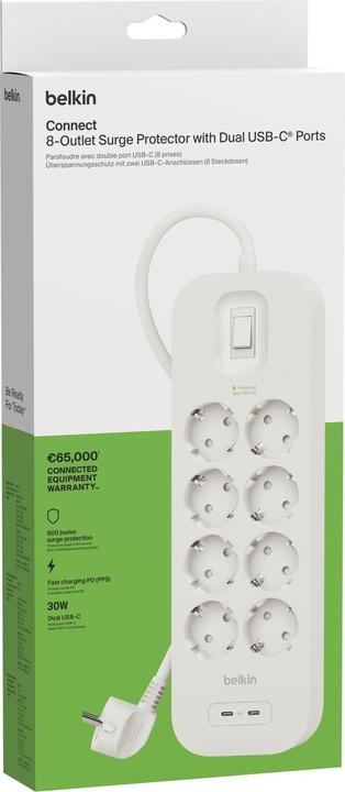 Produktbild Belkin Steckdosenleiste 8-fach + 2xUSB-C,900J,30W,2m SRB004vf2MV2 (8 x, USB-A, USB-C, 2 m)