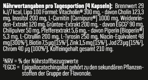 Nährwerte und Zutaten Body Attack Lipo 100 (120 Stk.)