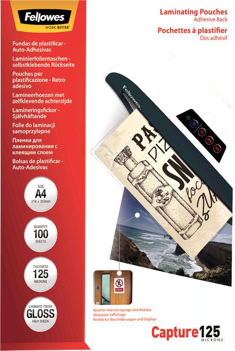 Image du produit Fellowes auto-adhésif. Stratifié. A4, 125 mic (A4, 100 pièce(s), 125 µm)