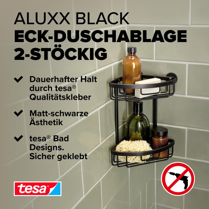 Actual product image tesa ALUXX BLACK corner shower basket incl. adhesive solution without drilling (17.5 x 17.5 x 34.5 cm)