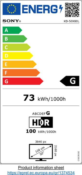 Label énergétique Sony KD-50X80L (50", X80L, LED, 4K, 2023)
