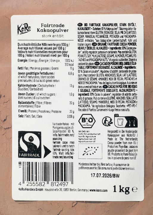Nutritional values and ingredients KoRo Organic Fairtrade cocoa powder, heavily de-oiled, alkalised (1000 g)