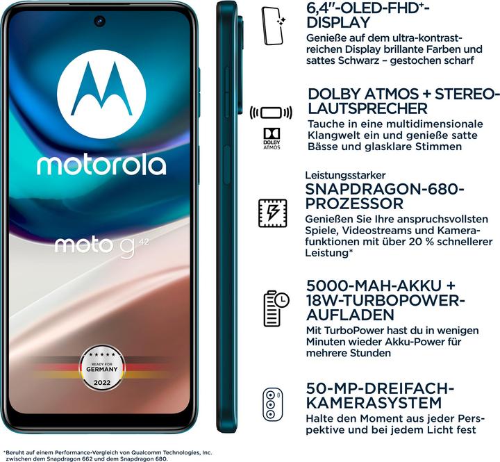 Produktbild Motorola Moto G42 (64 GB, Atlantic Green, 6.40", Dual SIM, 50 Mpx, 4G)