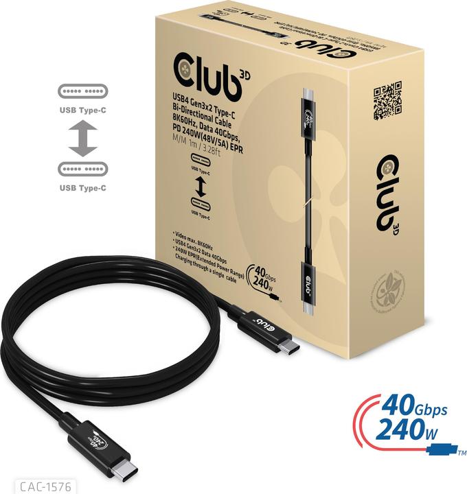 Image du produit Club 3D USB Typ C – USB Typ C (1 m, USB 4.0)