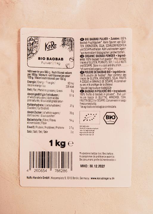 Nutritional values and ingredients KoRo Dried organic baobab pulp (1000 g)