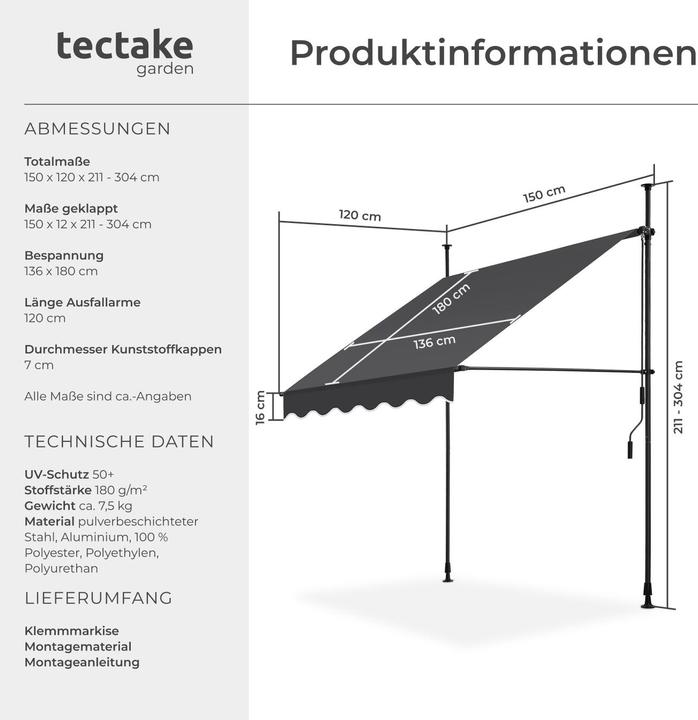 Immagine prodotto tectake Tenda da sole a morsetto (1.50 m)