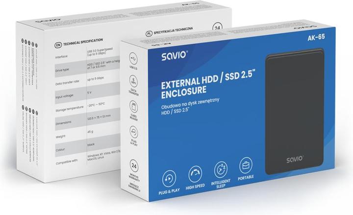 Produktbild Savio 2.5 Externes HDD/SDD-Gehäuse USB 3.0 AK-65 (2.5")