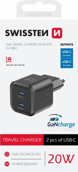 Actual product image Swissten Travel Charger GaN 2X USB-C 20W Power Delivery Black (20 W)