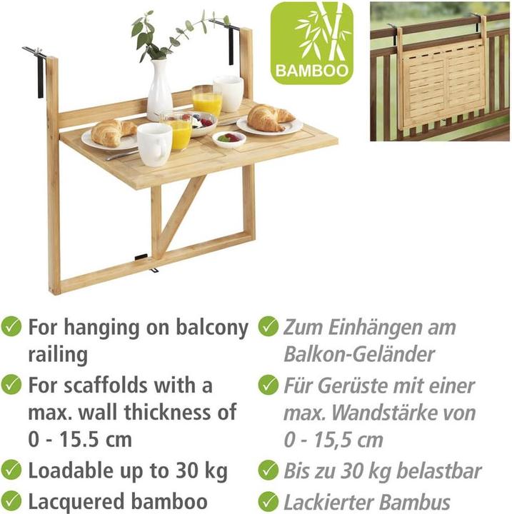 Produktbild Wenko Bambus Balkon-Klapptisch Mod. Waikiki zum Einhängen an Balkongeländer (64 cm)