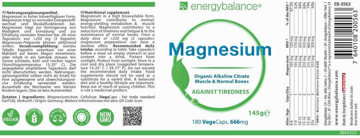 Valeurs nutritives et ingrédients Energybalance Citrate de magnésium 105mg (180 pièce(s), Capsules, 145 g)