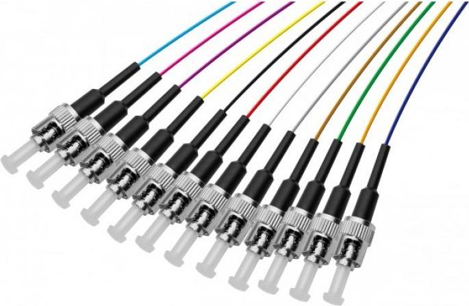 Actual product image Exertis Connect Fibre pigtails, coloured, 12x connector, OM3 Multimode, ST/UPC, 2.0 m12 fibre pigtails in different (S/UTP, CAT6e, 2 m)