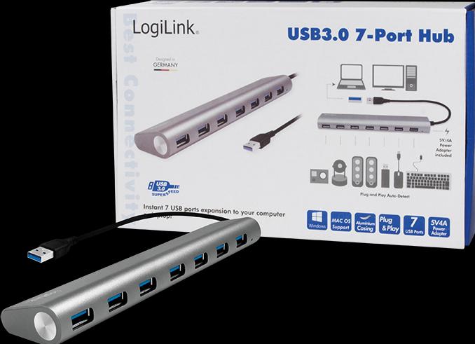 Image du produit LogiLink UA0308 - Hub USB 3.0, 7 ports avec lecteur de carte, boîtier en aluminium, pilkas (USB-A, 7 Ports)