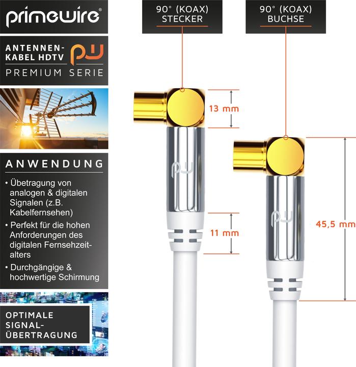 Actual product image Primewire Antennenkabel 90° gewinkelt | HDTV Premium Koaxialkabel 135dB / 75 Ohm | FullHD / 4k Ultra HD (135 dB, Antenna cable)