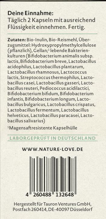 Valeurs nutritives et ingrédients Nature Love Complexe de cultures Probiona (120 pièce(s), Capsules, 61 g)
