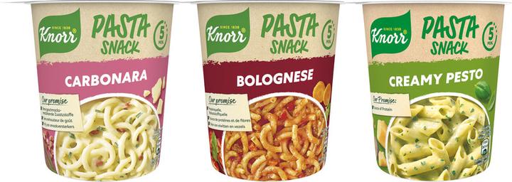 Produktbild Knorr Pasta Snack Carbonara Becher, Teigwaren mit cremiger Sauce & Speck, in 5 Minuten zubereitet (88 g)