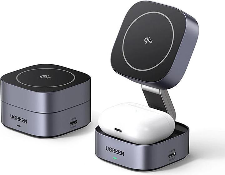 Actual product image Ugreen W702 3in1 inductive charger with MagSafe / Qi2 and USB-C port for phone / headphones - black (15 W)