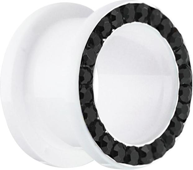 Star Piercing Flesh Tunnel weiss mit Kristall schwarz (ohne Messing, Acryl)
