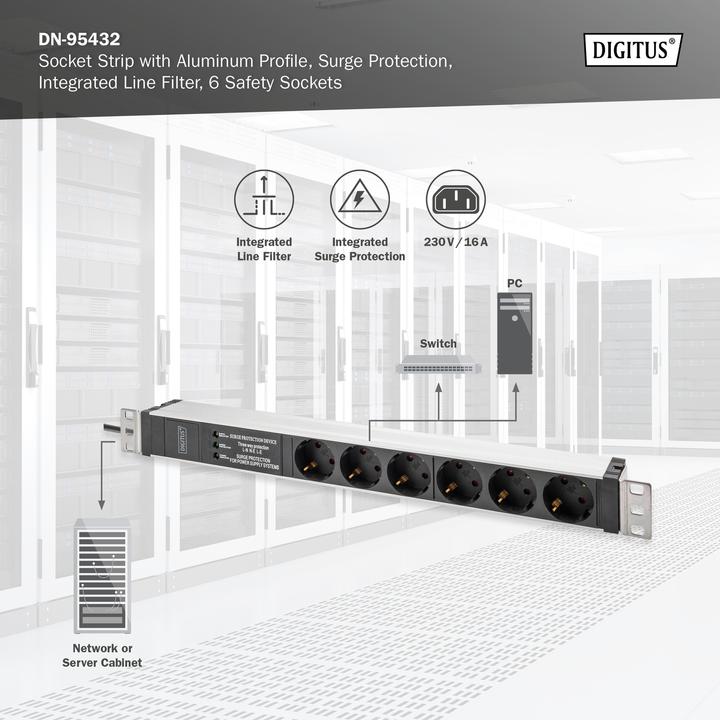 Immagine prodotto Digitus Presa multipla con profilo in alluminio e protezione contro le sovratensioni, filtro di rete integra (6 x, CEE 7/3, 2 m)
