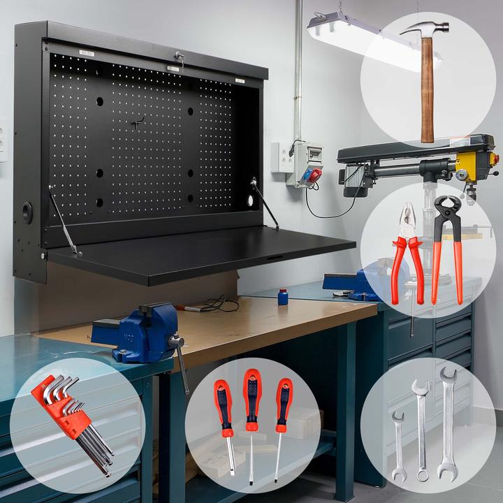 Produktbild Wiltec Werkbank zur Wandmontage 50kg Werkzeugbank klappbar Werktisch Lochwand (69 cm, 91 cm)