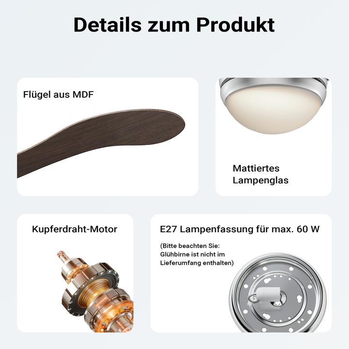 Immagine prodotto Wiltec Ventilatore da soffitto Ø130cm ventilatore 55W lampada ventilatore da soffitto telecomando (55 dB)