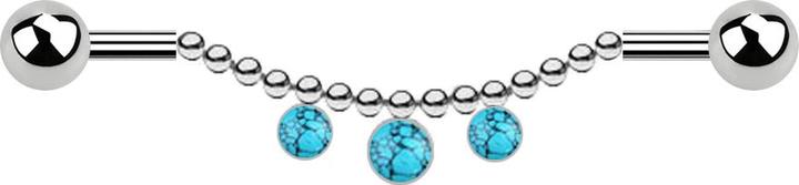 Image du produit Star Piercing Barbell argent deux boules chaîne trois pierres de turquoise (Acier chirurgical 316L, sans laiton, Minéral)