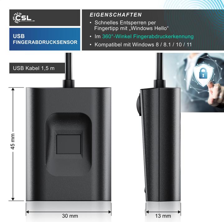 Actual product image CSL Fingerprint sensor, USB fingerprint reader, 10 IDs, all-round recognition, plug & play, for Win