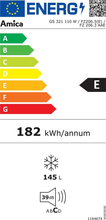 Energy Label Amica GS 321 110 W ws Freezer E 145L 125,9x54x55cm FrostControl (Stand-alone, 145 l)