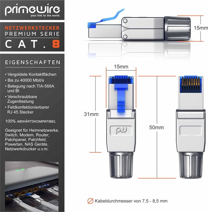 Actual product image Primewire 8x network connector field-terminable RJ45 CAT 8, connector CAT8 for LAN cable network cable (0.05 m)