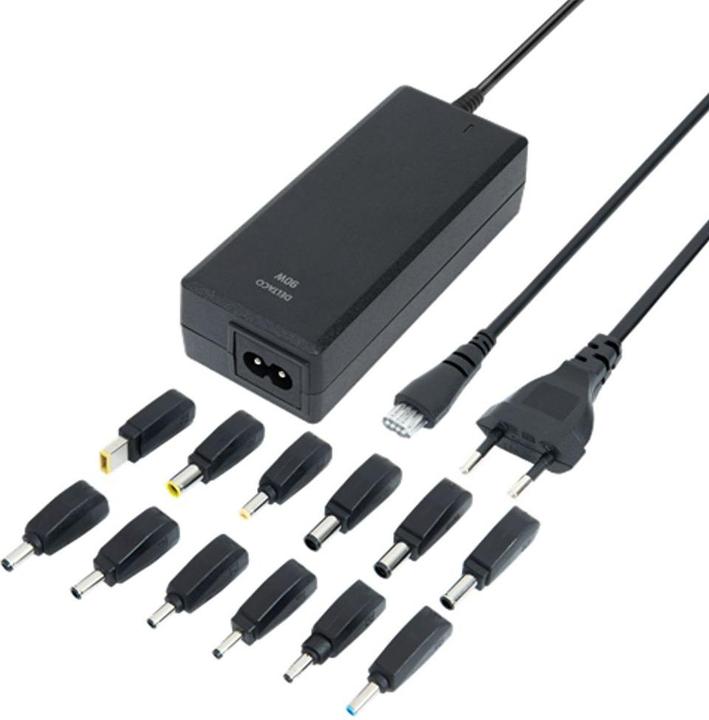 Deltaco Universal Laptop Charger, 15-20V, 6A, 90W, 12-tips - Black (90 W)