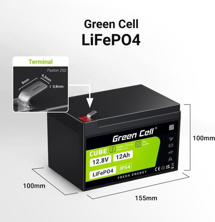 Produktbild GreenCell Green Cell CUBE LiFePO4 Spezial-Akku LiFePo-Block Flachstecker Li-Ion 12.8 V 12 (12.80 V, 12 Ah)