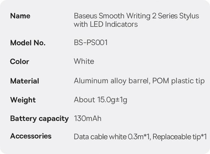 Valeurs nutritives et ingrédients Baseus Smooth Writing 2 Stylus Pen su LED Indicators (baltas)
