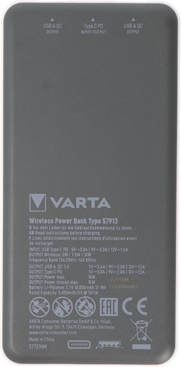 Actual product image Varta Wireless Power Bank (10000 mAh, 18 W, 37 Wh)