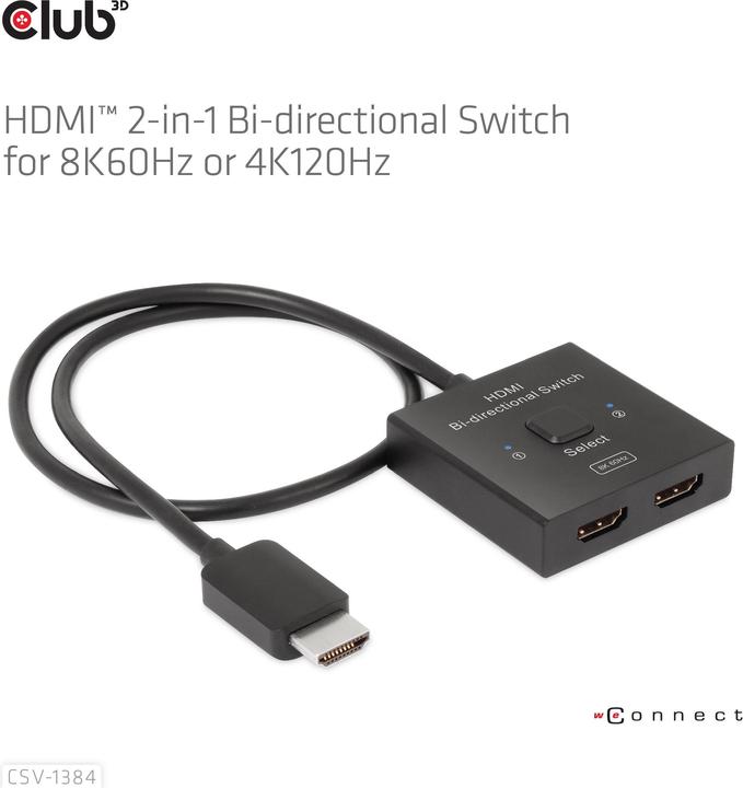Produktbild Club 3D Club3D HDMI Switch 2-in-1 bidirektional 8K60Hz/4K120Hz UHD retail