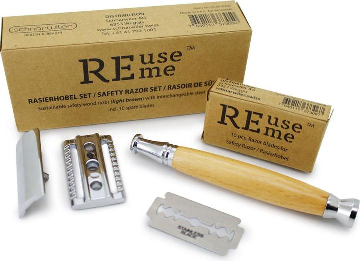 Actual product image ReUseMe Wooden razor light brown with steel blade including 10 spare blades