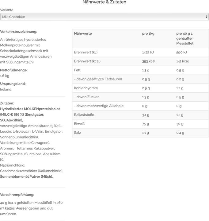 Nährwerte und Zutaten Optimum Nutrition Platinum HydroWhey (Schokolade, 1 Stk., 1600 g)